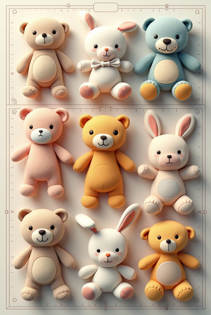 (photorealism:0.1), plush toys bunch, schematic style