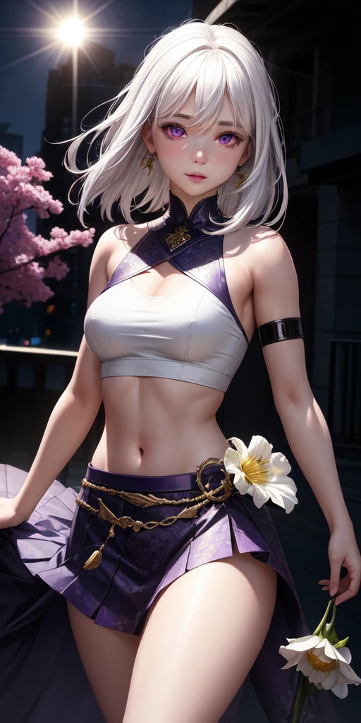 realistic, 1girl, white hair, purple eyes, glowing eyes, crop top, skirt, parted lips, blush, night, flowers, sun, sunlight,