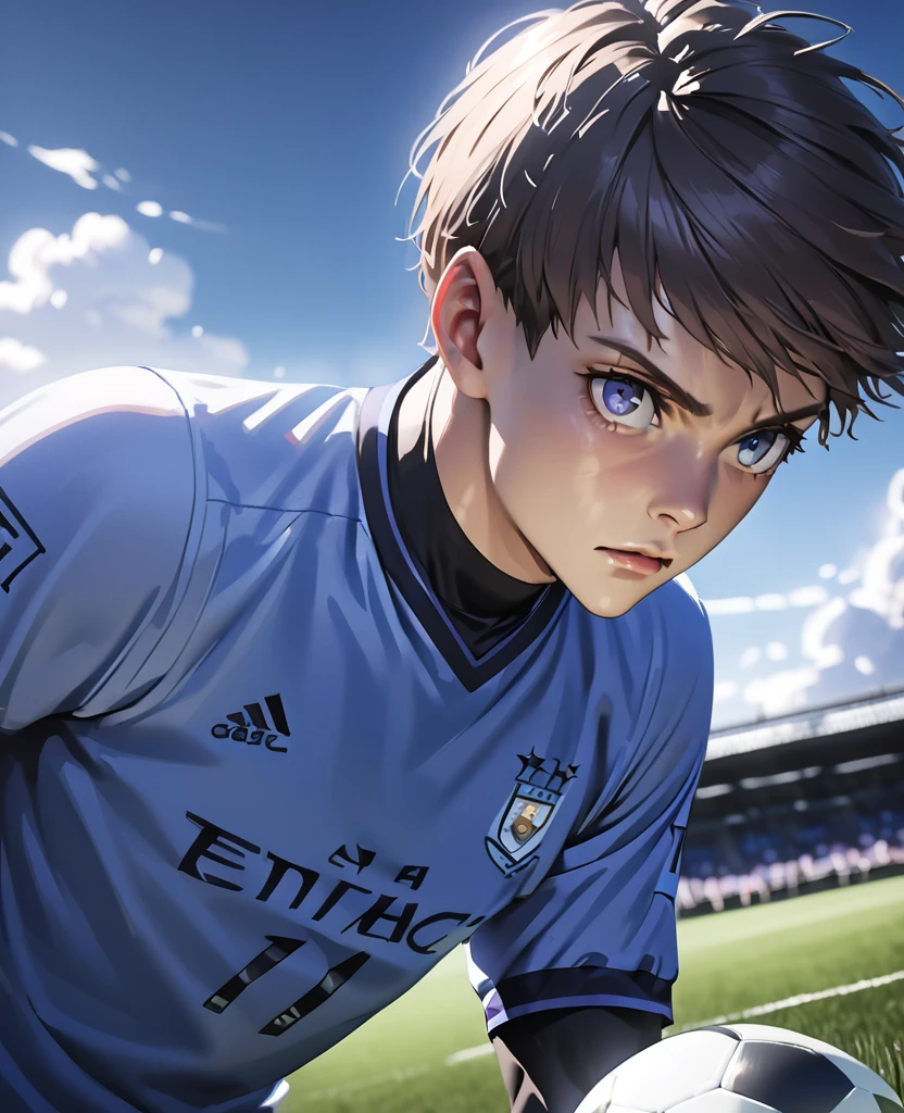 a nagi seishiro, detailed portrait of a young boy controlling a soccer ball, wearing the manchester city football club uniform, perfect detailed face, beautiful eyes, detailed facial features, hyperrealistic, 8k, high quality, vivid colors, incredible detail, unreal engine, photorealistic, masterpiece, cinematic lighting, dynamic pose, sports, sports equipment, outdoor, field, grass, clouds, sky