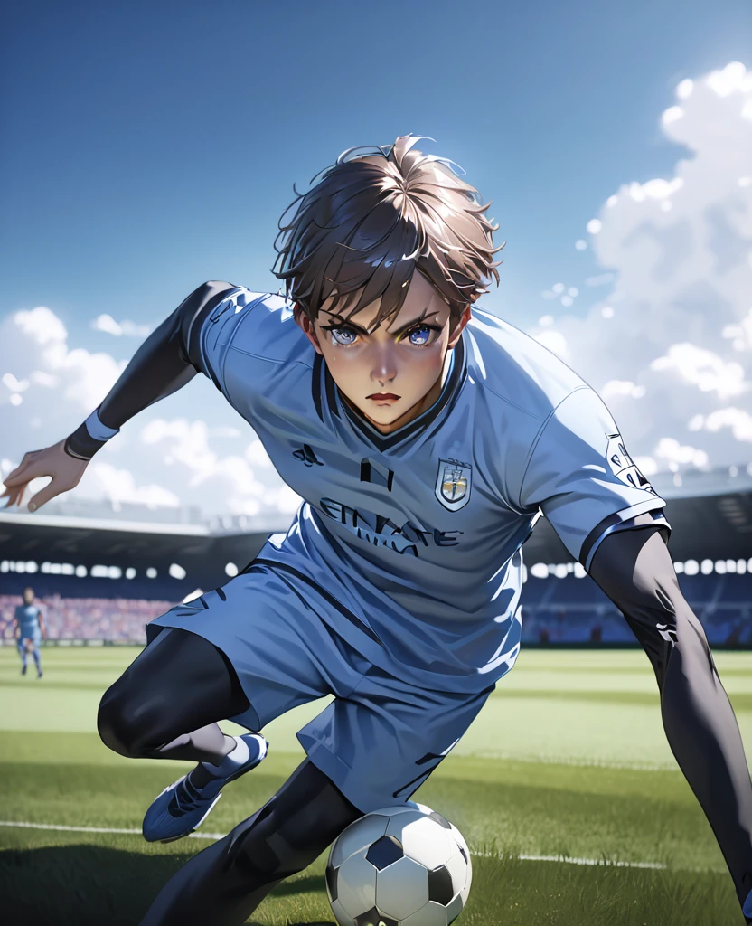 a nagi seishiro, detailed portrait of a young boy controlling a soccer ball, wearing the manchester city football club uniform, perfect detailed face, beautiful eyes, detailed facial features, hyperrealistic, 8k, high quality, vivid colors, incredible detail, unreal engine, photorealistic, masterpiece, cinematic lighting, dynamic pose, sports, sports equipment, outdoor, field, grass, clouds, sky