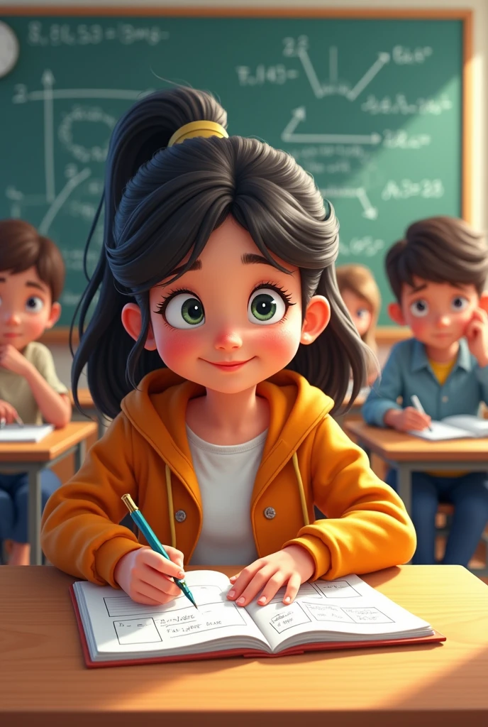 A math class, A happy girl taking notes and a boy in the back not understanding, scratching his head