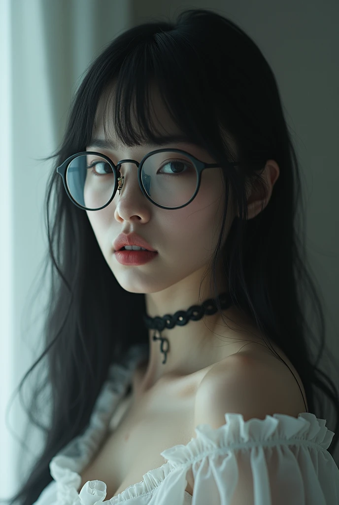 editorial photography,super detailed background,Super realistic,double exposure,depth of field,beauty super slender skinny vibes,soft focus gray tone,narrative scene,unclad body,open lips,very long straight black hairstyle,glasses,fine white skin,female put a iron collar on your servant devil,