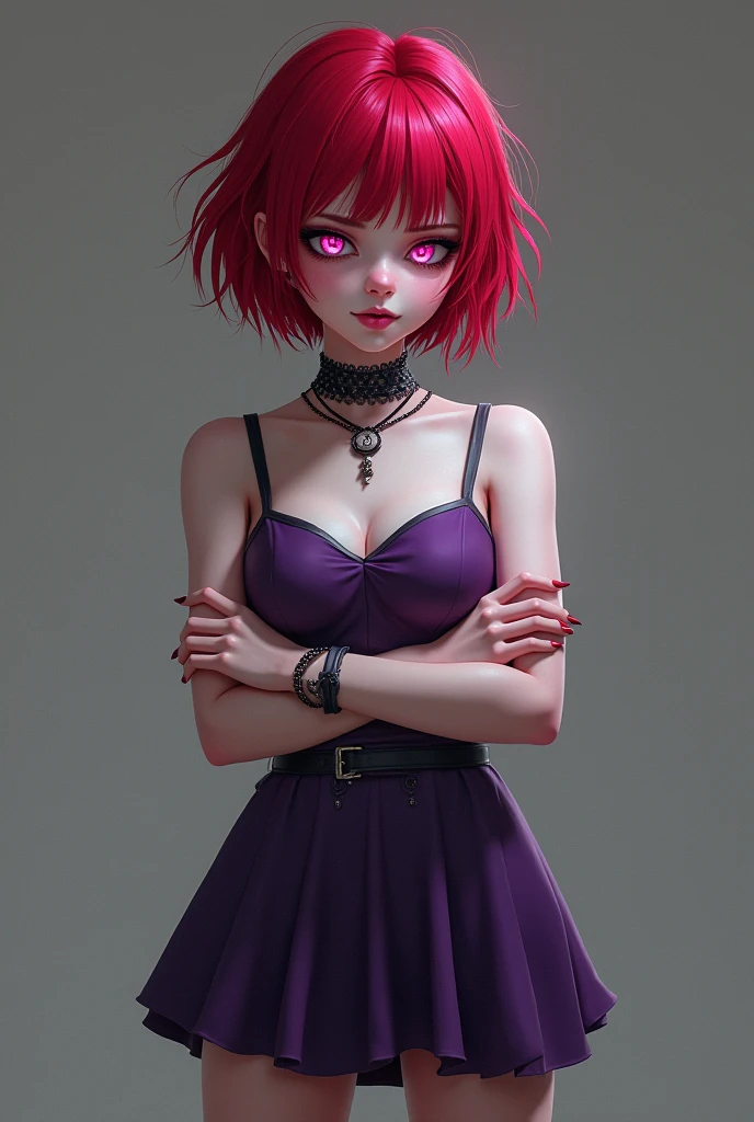 19-year-old girl with pale white skin, bright blood red short hair, With Nordic features
, pink eyes, cold and indifferent And boring, look, wearing a purple gothic short dress,Crossing arms