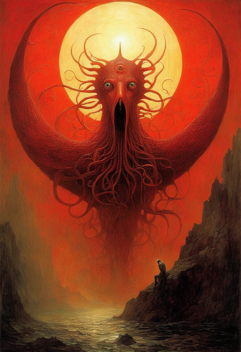 Mythical creatures, author：By Zdzisław Beksinski, Mucha、red、Big eyes、Azathoth