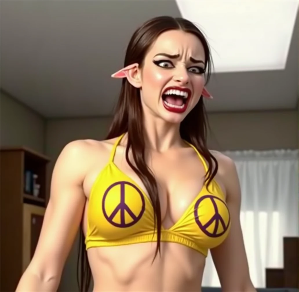 long brown wet hair tucked behind ears, yellow bikini top with peace sign, thick black eyeliner, exhausted and frustrated, gritting teeth angrily, big detailed teeth, perfect teeth, big forehead, big breasts, big cleavage, breast inflation (best quality,4k,8k,highres,masterpiece:1.2),ultra-detailed,(realistic,photorealistic,photo-realistic:1.37),dramatic lighting, ultra hd, sexy evil bodybuilder elf, long pointy ears, detailed ears
