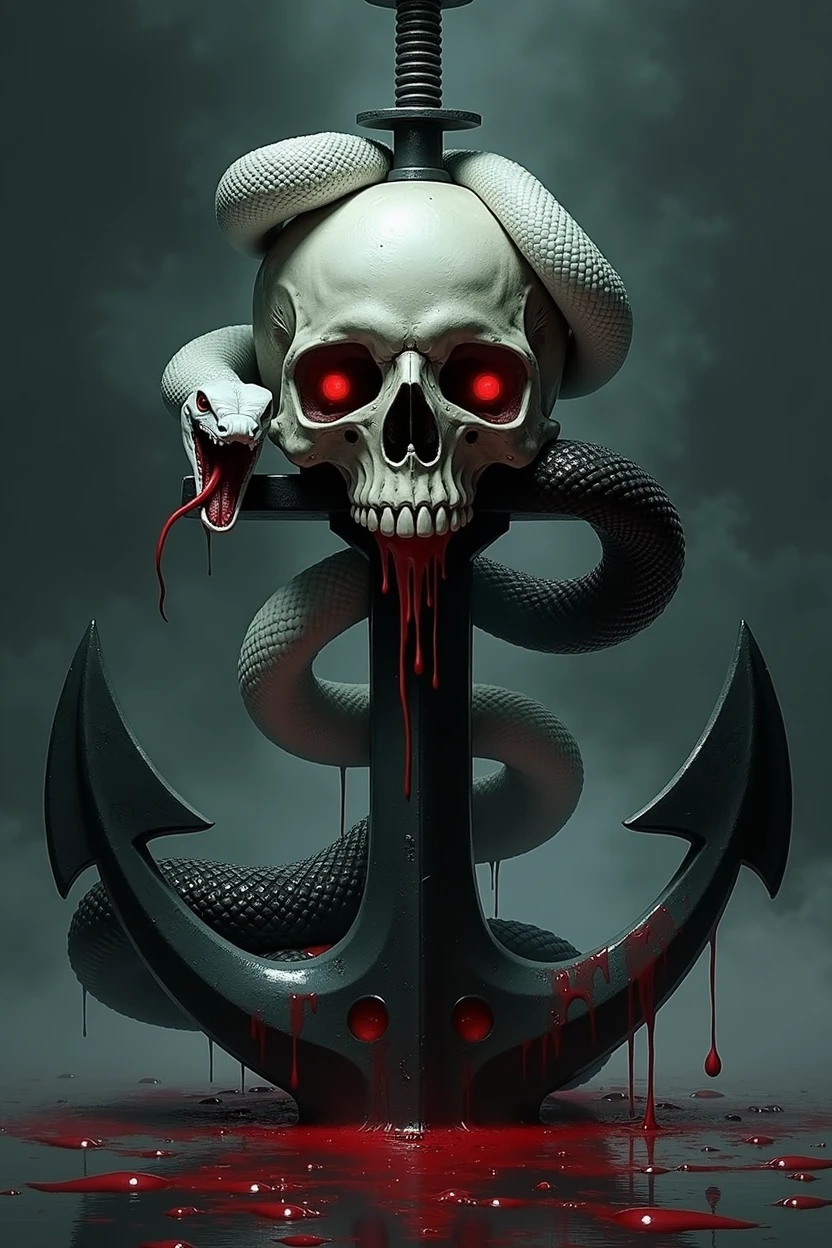 a skull head, on top of a ship's anchor.There is a completely white viper with red eyes and a completely black and red one. a knife stuck in the top of the skull. Everything very dark and scary. the snakes come out of the eye socket of the skull. they go around the anchor going up and entering under the skull. they come out through the eye holes, completing its turns in the sheath of the military knife. The black snake is lunging with its fangs towards the observer, while the white one is just looking, with the pupil frighteningly red.
dark skull eye. the black cobra head lunging appearing also. the knife stuck in the upper bone of the skull going through.