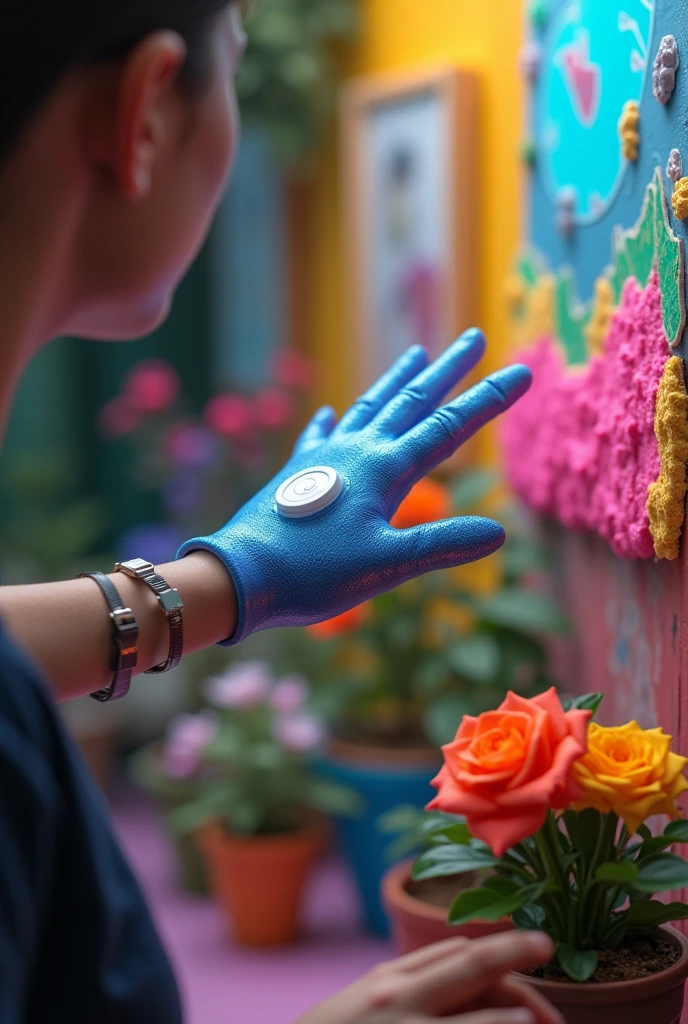 Colorblind people using a technological glove that shows the colors of the objects they touch