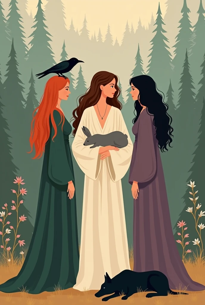 Phone wallpaper, Earthy tones, peaceful. Goddess Freya redhead straight hair dressed in dark green with a raven on her shoulder, 
Also the goddess Kore with long curly brown hair dressed in white Kore with a gray and white rabbit in her arms
And Hekate dressed in purple, wavy black hair and a black wolf at her feet. 2D drawing. simple art . forest background.