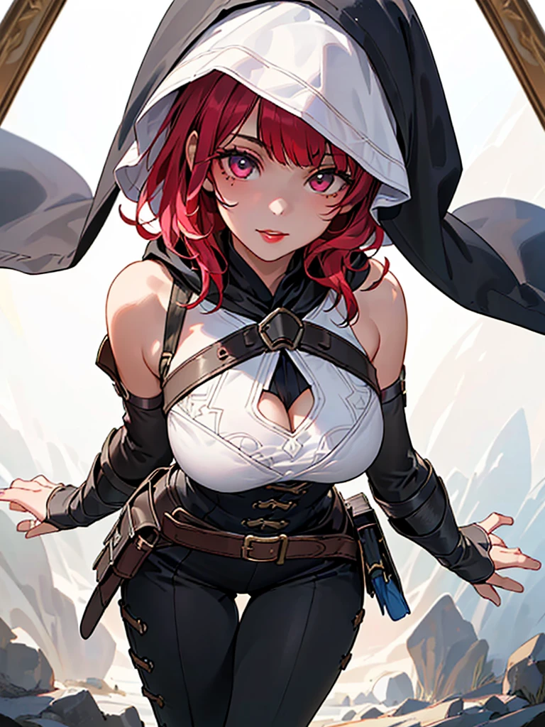 SFW (masterpiece, best quality, 32k) anime woman with short red hair ((dark red hair, bangs, diagonal bangs, straight bangs, straight hair)), ((pink eyes, detailed eyes)), ((youthful face, beautiful face, cute face, innocent face, pretty face, naive face)), ((pale skin, porcelain skin, white skin, smooth skin)), ((eyeliner, eyeshadow, lipstick, light makeup)), outside, outdoors, forest, glade, trees, grass, sky, clouds, shadow, simple background, standing, confident pose, at-ease. ((Fantasy outfit, medieval outfit, medieval fantasy outfit, thief, rogue, bard, Spellthief, black mage, warrior, loose robe, shoulder cutout, bare shoulders, hooded robe, harness, chest harness, framed breasts, detached sleeves, fingerless gloves, belts, pouches, pants:1.5)), ((huge breasts, round breasts:2, heavy breasts:1.5, framed breasts)), ((slim:1.4, lithe:1.4, slender:1.4, thin:1.4, busty:1.2, buxom:1.2)), ((round hips, thin waist, waspish waist)), ((long legs, slender legs)), small smile ((full lips, red lips)), ((serene expression, calm expression, content expression)), open eyes, large eyes, expressive eyes, head-to-waist portrait, cinematics, color oil painting, cinematic lighting, ((extremely detailed face)), ((finely detailed face)), Extremely detailed eyes, finely detailed eyes, beautiful face, beautiful eyes, perfect lighting, depth of field, (realistic proportions), (good anatomy), ((solo:1.6)), ((1girl:1.6))