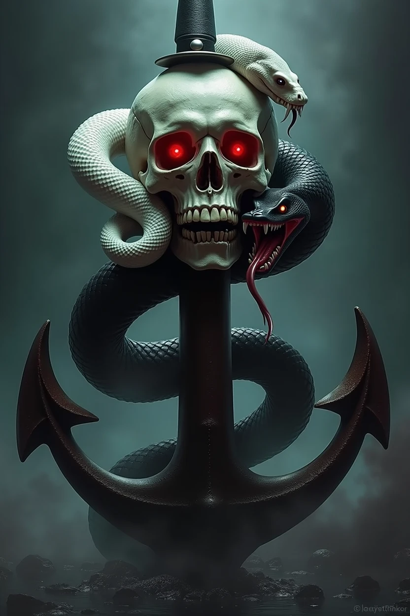 a skull head, on top of a ship's anchor.There is a completely white viper with red eyes and a completely black and red one. a knife stuck in the top of the skull. Everything very dark and scary. the snakes come out of the eye socket of the skull. they go around the anchor going up and entering under the skull. they come out through the eye holes, completing its turns in the sheath of the military knife. The black snake is lunging with its fangs towards the observer, while the white one is just looking, with the pupil frighteningly red.
dark skull eye. the black cobra head lunging appearing also. the knife stuck in the upper bone of the skull going through.