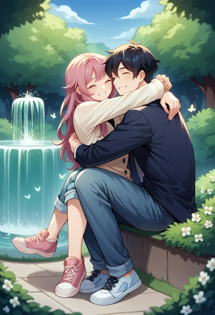 Full Body) An Asian male couple with a medium mavy mullet haircut wearing a suit and an Asian female with long hair, dressed in short jeans, pashmina, sneakers) they are sitting, hugging, smiling, their faces are focused on the front of the camera. in the garden with fountains and flowers, butterflies flutter in the wind, capturing romance with soft and romantic light reflections that look natural. 35k full HD resolution., photo
