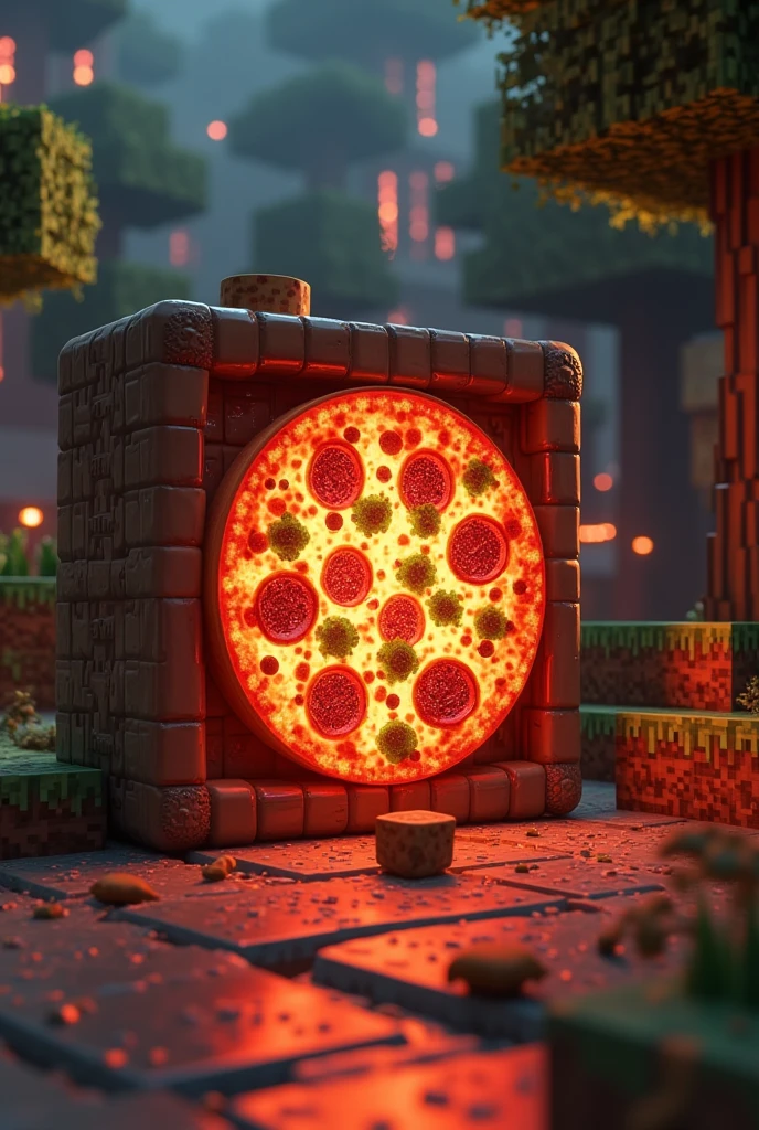 A pizza of Minecraft in a block of end portal with the logo PizzaMan 