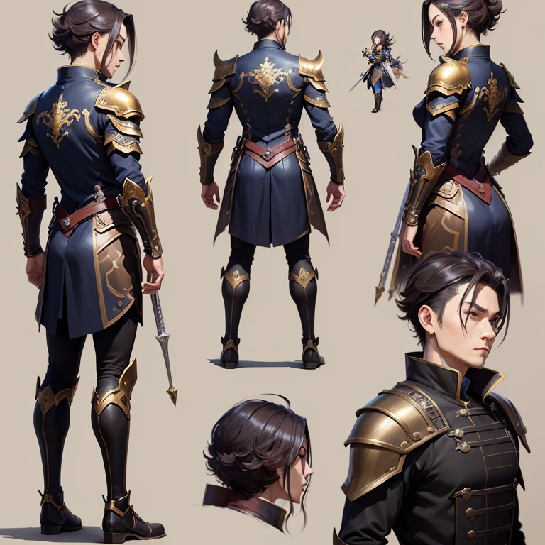 A close-up of a man in armor, ((角色Concept Art)), ((Character Design Sheet, Same role, 3/4 angle view front, 3/4 angle view back)) MapleStory character art, Video game character design, Video game character design, MapleStory Gunslinger, 专家高细节Concept Art, 金属子弹Concept Art, Interesting character design, Gravity dash inspiration, Sticky tar. Concept Art, Waist buckle, Steampunk weapon,
