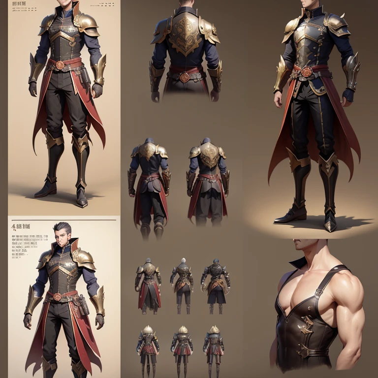 A close-up of a man in armor, ((角色Concept Art)), ((Character Design Sheet, Same role, 3/4 angle view front, 3/4 angle view back)) MapleStory character art, Video game character design, Video game character design, MapleStory Gunslinger, 专家高细节Concept Art, 金属子弹Concept Art, Interesting character design, Gravity dash inspiration, Sticky tar. Concept Art, Waist buckle, Steampunk weapon,