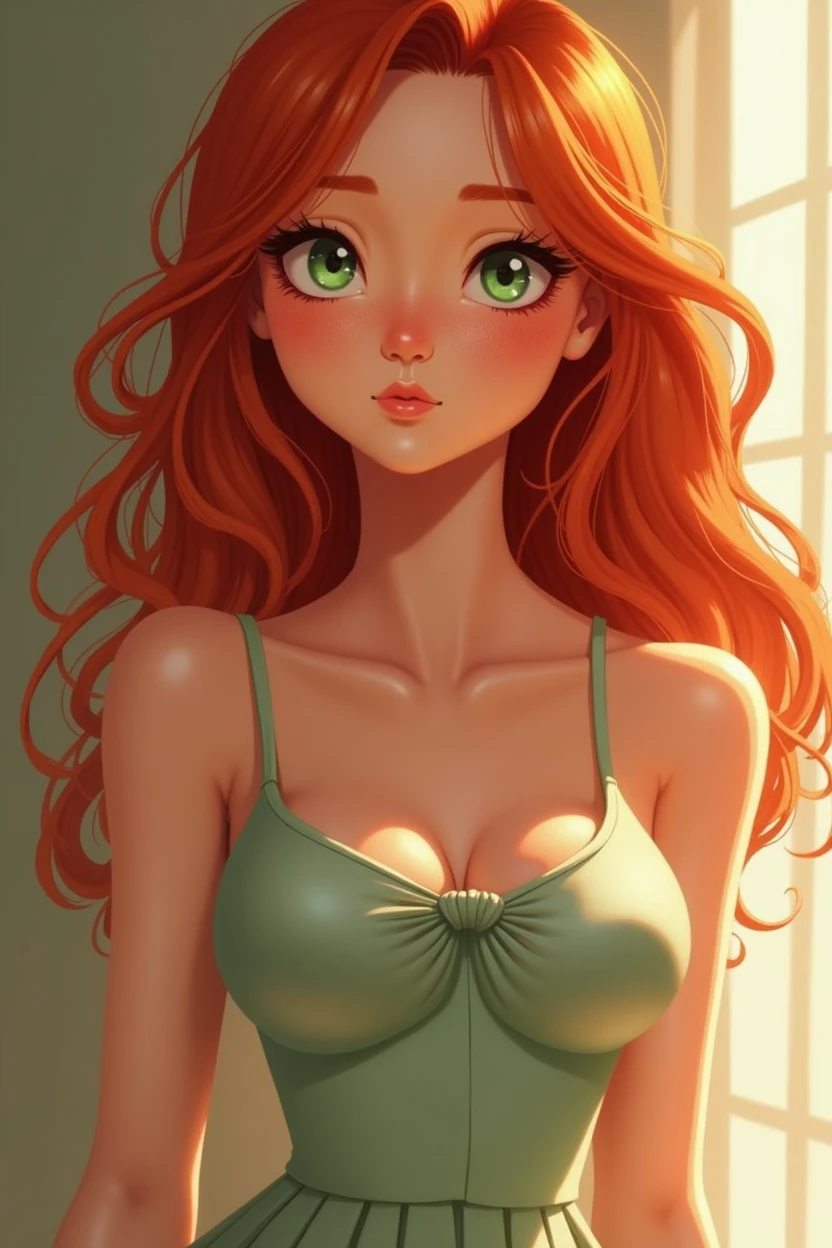 A red-haired girl with green eyes and freckles on her cheeks and nose with a pear body, large breasts and a dress that show her waist