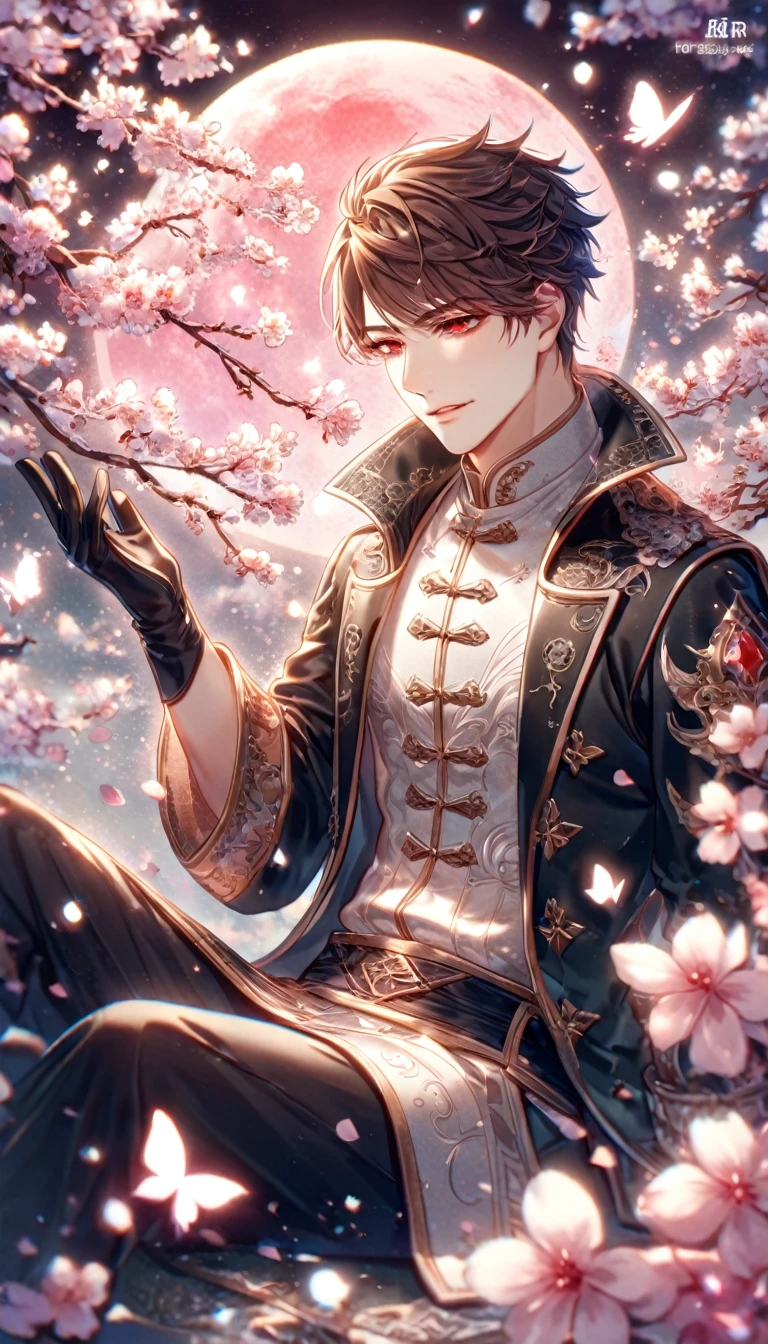 absurdres, highres, ultra detailed, HDR, master piece, best quality, extremely detailed face, delicated features, Jiu Qin, dark brown hair, expressive red eyes, Quanqiu Gaokao, solo, sexy man sitting, handsome, sensual, black long trench coat, black gloves, black pants, fantasy, magical, cherry blossoms, pink flowers, pink butterflies, pink petals, pink moon