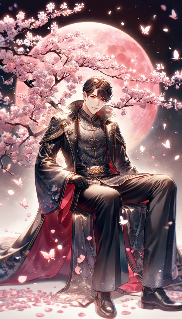 absurdres, highres, ultra detailed, HDR, master piece, best quality, extremely detailed face, delicated features, Jiu Qin, dark brown hair, expressive red eyes, Quanqiu Gaokao, solo, sexy man sitting, handsome, sensual, black long trench coat, black gloves, black pants, fantasy, magical, cherry blossoms, pink flowers, pink butterflies, pink petals, pink moon