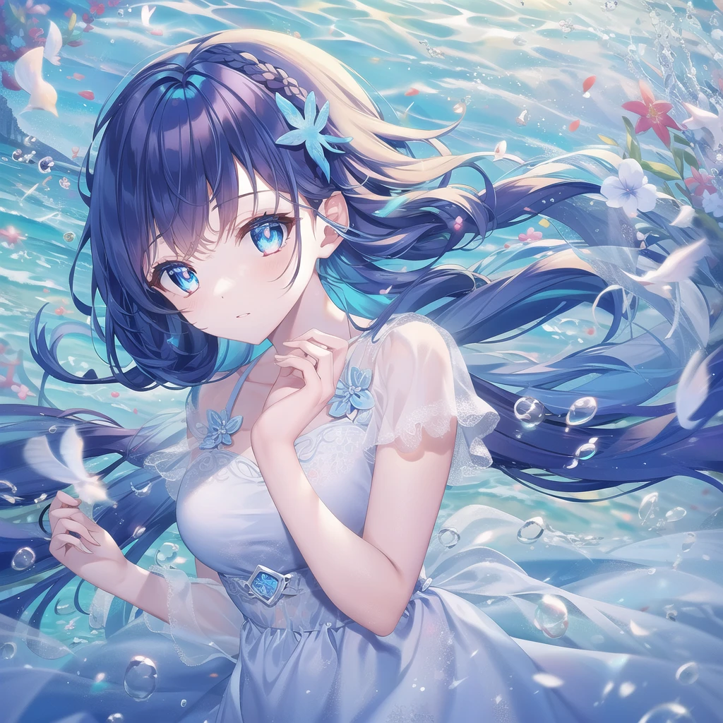 ((masterpiece, best quality))++, Detailed lighting+, Detailed hair+, Detail hand+ ,1 girl, Miss, Long hair, Crimson eyes, beautiful eyes, Young blue-haired,,(beautiful blue hair:1.5),(Beautiful and delicate eyes), high resolution+,glass tint, Reflective eyes, {{angle}} , Very detailed wallpaper, The original, Air bangs,Extremely beautiful CG,Firefly,Nature,ocean