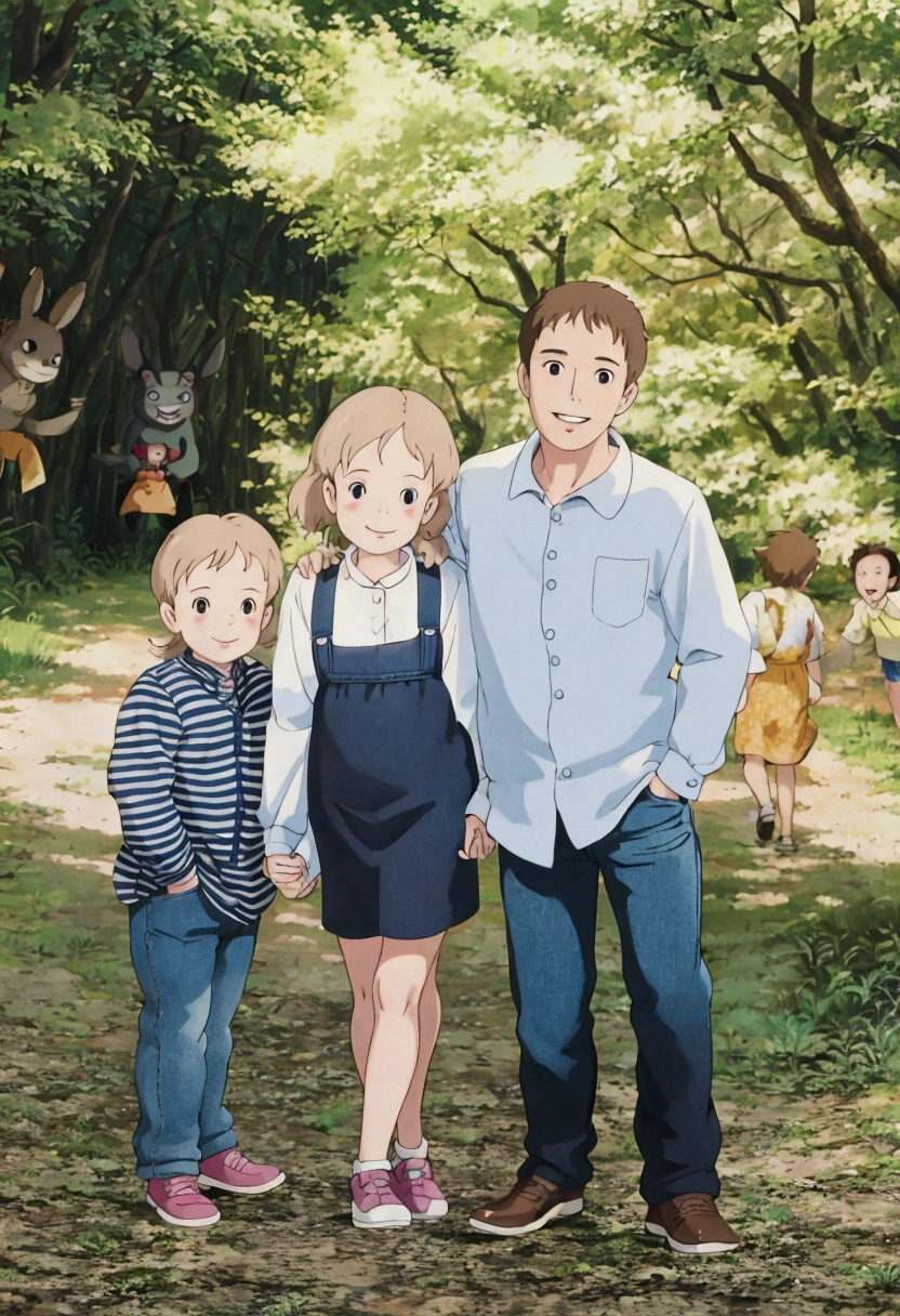 ghibli style, a family poses for a photo in the woods, family photography, by Matt Cavotta, by Kristin Nelson, by Emma Andijewska, by Jennifer Bartlett, ???, full protrait, digitally enhanced, 1 / 4 portrait, family photo, by Winona Nelson, siblings, trio, by Lynn Pauley, mixed art, by Robert Childress, by Carey Morris, smile