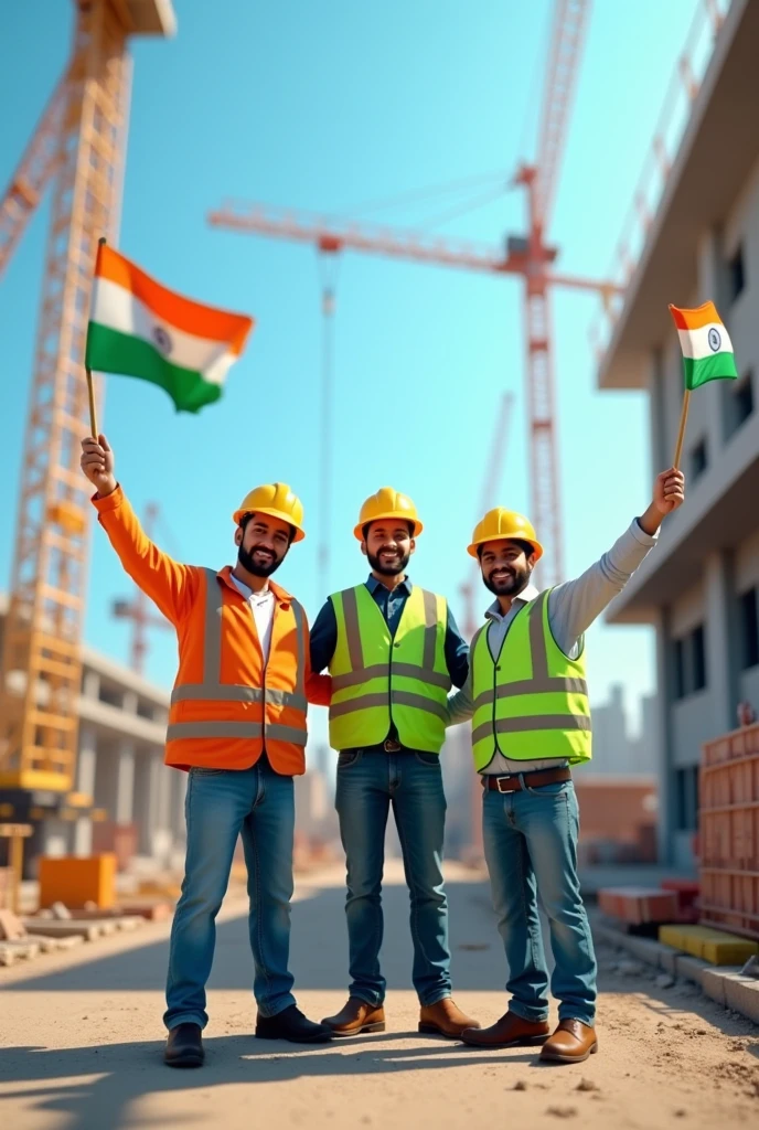 Construction workers with yellow helmet and orange reflective jacket and safety officer with green helmet and green reflective jacket wishing India's independence day on August 15th