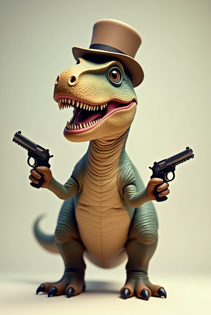 Cute tyrannosaurus rex with small bowler hat and holding two pistols.
