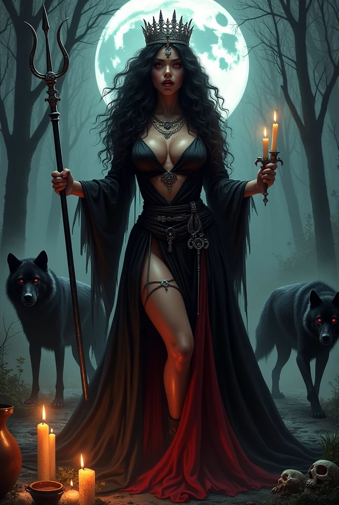 black skinned woman, black veil over face, long black curly hair,  full moon light, forest or swamp, Hefty body, sexy sensual black and red dress, knife or dagger in leg, Trident in hand, silver crown, barefoot, many black wolves in the background,  veil covers face, Red eyes, red and red dress, necklaces, candles, calaveras, naked, wind, cauldron, blood