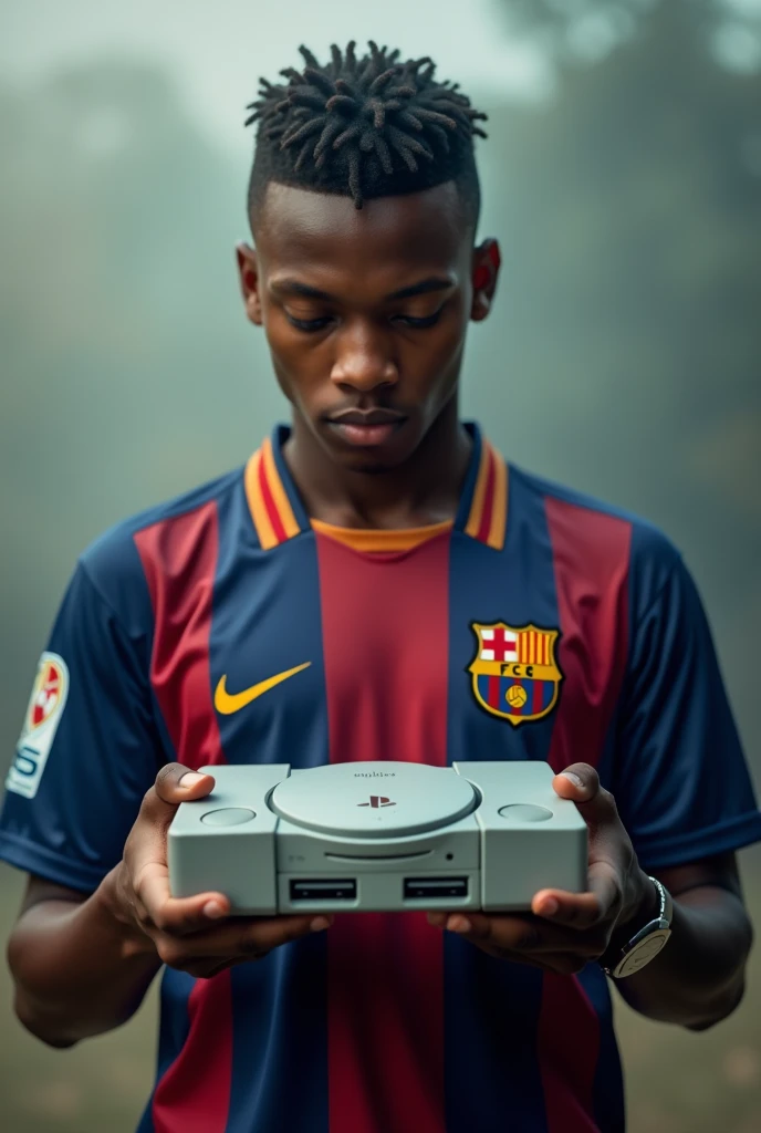 Imagine Kylian Mbappé wearing the FC Barcelona uniform holding a PlayStation 2.