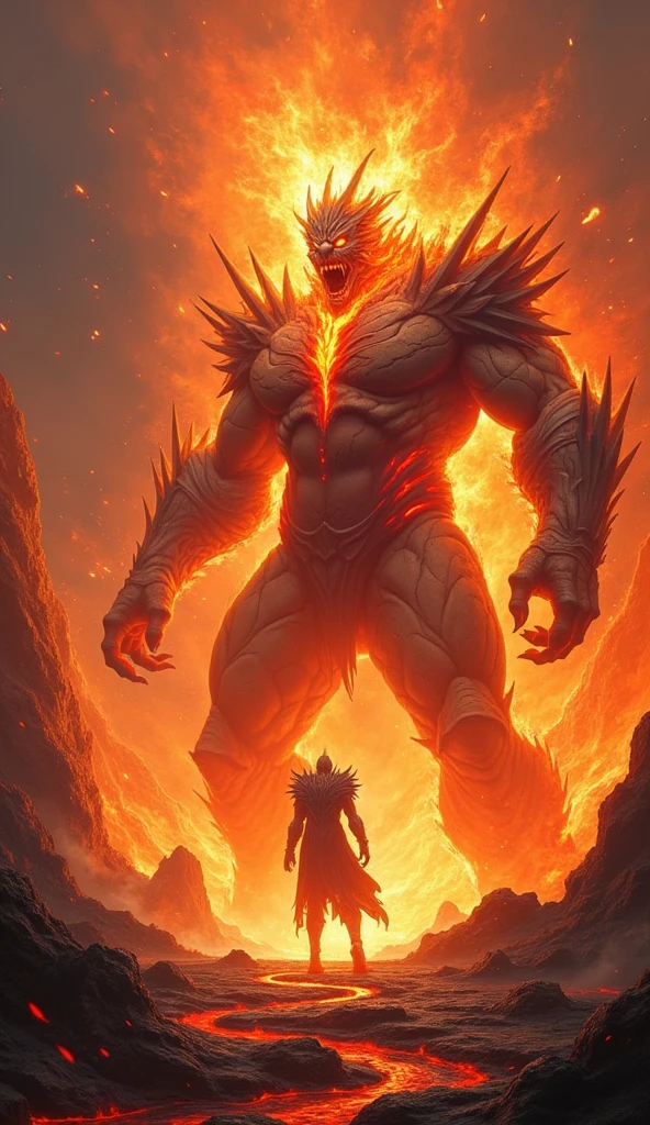 *In the depths of a fiery volcano, the scene is set for an epic clash of titans. The Guardian of Fire, a towering figure of pure flames with a form that shifts and flickers between vibrant reds, oranges, and yellows, stands ready for battle. His eyes burn with intense, white-hot light, and his fiery aura radiates a fierce, uncontainable energy. His movements are fluid and purposeful, reflecting the immense power of the flames that compose his body.
Facing him is the Lava Lord, a monstrous embodiment of chaos and destruction. Rising from a molten chasm, the Lava Lord’s massive frame is formed from molten rock and hardened lava, with glowing cracks spiderwebbing across his body. His eyes emit a malevolent, fiery red light, and his jagged maw drips with molten lava. Obsidian spikes protrude from his back, shoulders, and arms, glowing faintly from the heat within. Massive claws and smoldering craters mark his path as he commands the lava around him to rise and fall with his will.
The clash is monumental as the Guardian of Fire and the Lava Lord engage in a fierce battle. The heat of the volcano intensifies, and the ground trembles with each strike. Lava and flames erupt as they exchange powerful blows, each trying to overpower the other in a test of fiery strength and elemental might. The surrounding volcanic environment roars in response to their combat, creating a dramatic and explosive showdown.*