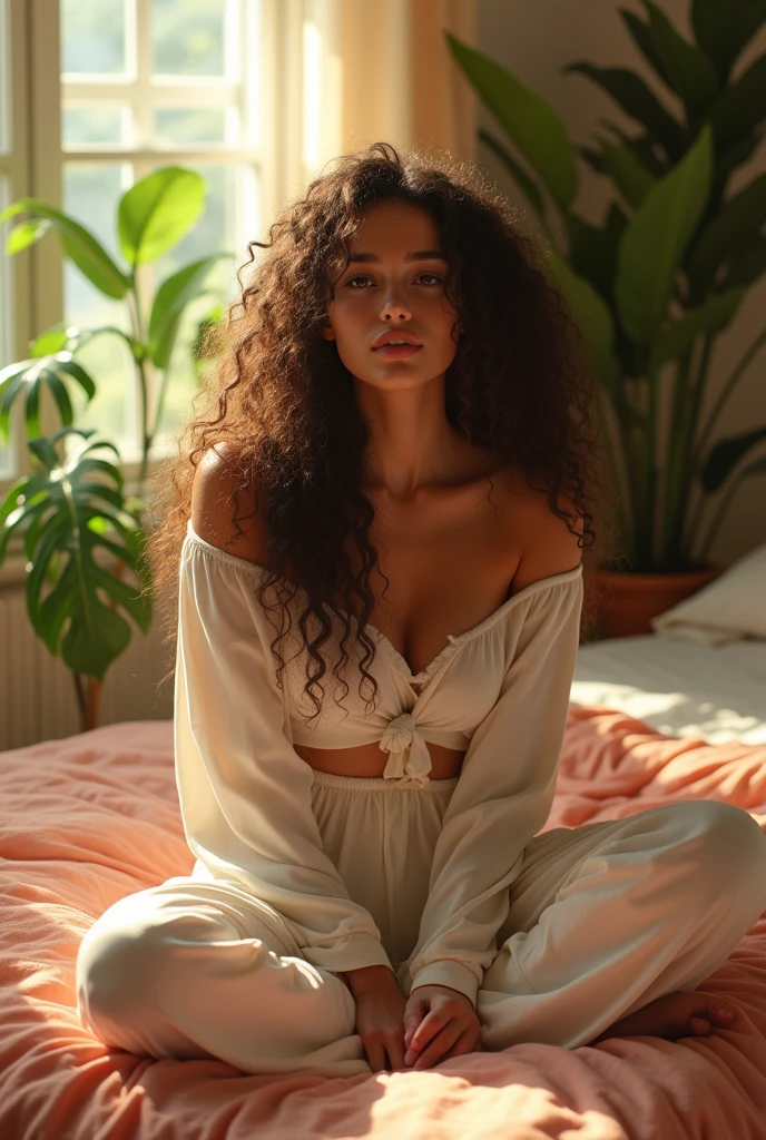 (photorealism:1.2), beautiful woman, sitting on bed, wearing loose off-shoulder top, pajama pants, long curly hair, indoors, soft lighting, plants in background, window with sunlight, cozy room, relaxed pose, realistic, intricate details, warm colors, by Greg Rutkowski, by Alphonse Mucha