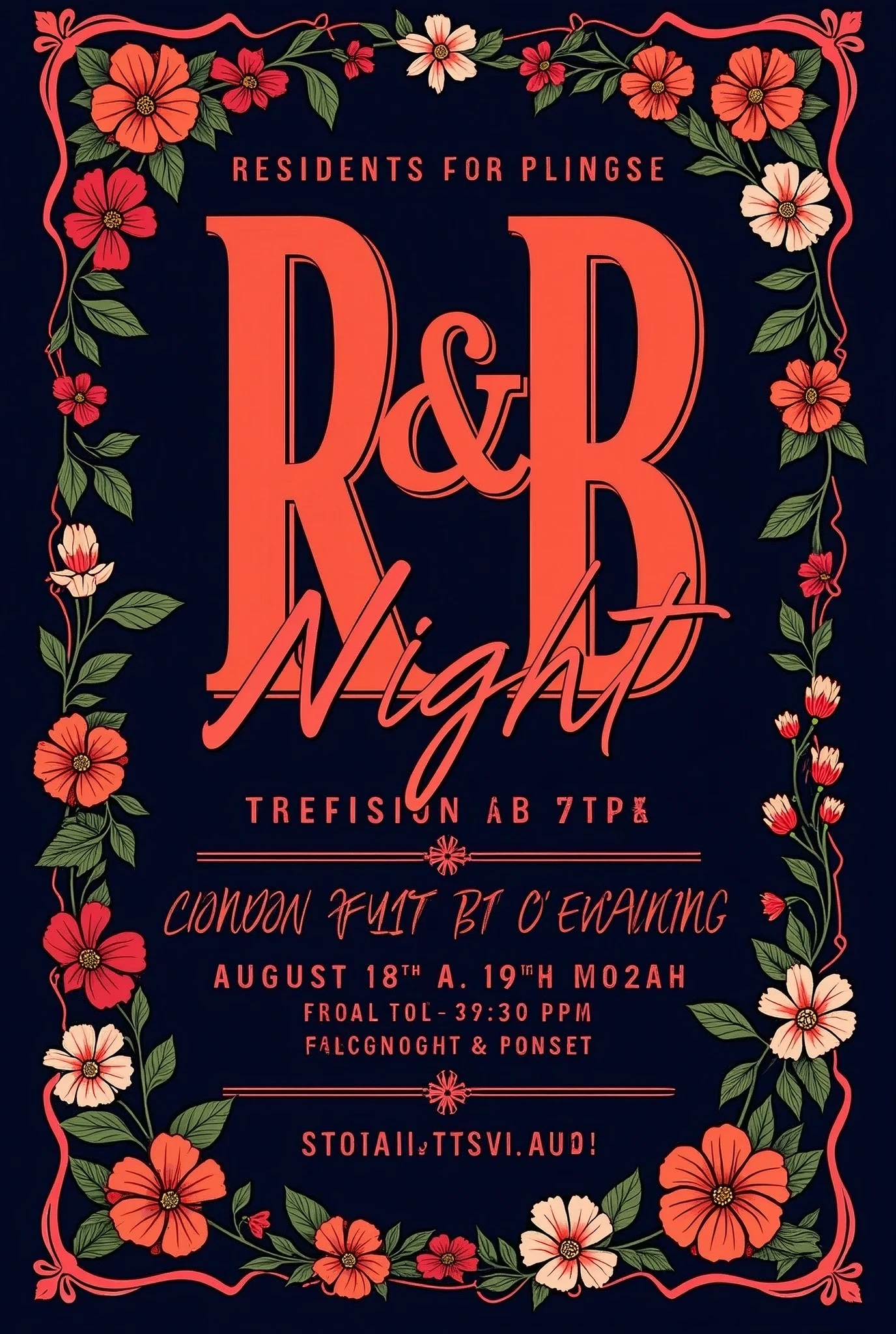 rnb night invitation with following information venue faith and taffiah residents, time 3:30 host royal girls Date 18 August 2024
Food