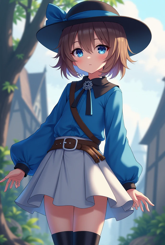 Female, Anime, Medieval, Short brown-haired, Faired skin, Blue eyes, Black hat with a singular blue stripe, Blue long-sleeved shirt, White skirt, Black boots