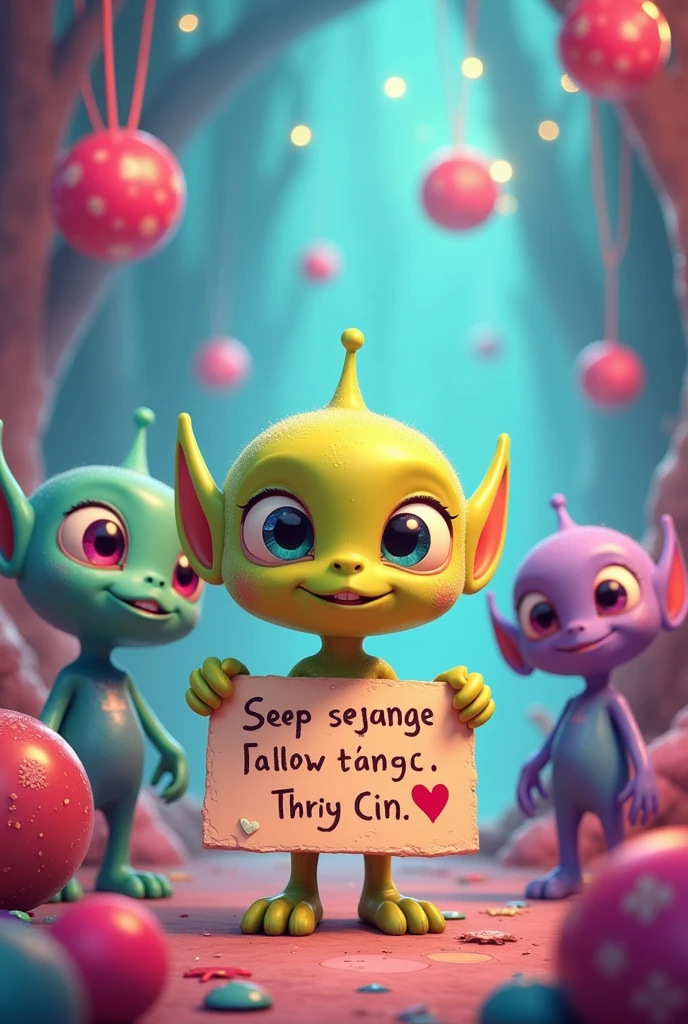 Generates an image where there are aliens in the form of an animated cartoon, and one of the aliens has a sign that says "I love you Cin, C Y C" "You are the love of my life"