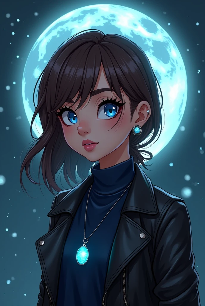 Young Brazilian human with an alternative grunge style, wearing normal clothes, fascinated by Greek mythology and supernatural creatures., deep connection with the dark forces of the night, A horror RPG, mystery and investigation set in modern times, the basic image, occultist, medium-long fringe hair, light brown hair color, very fair skin, moonstone necklace, at night with the moon, wearing a navy blue long sleeve turtleneck shirt, leather jacket, outgoing, animated cartoon, piercings, mysterious, 耳环, Paranormal order Cellbit