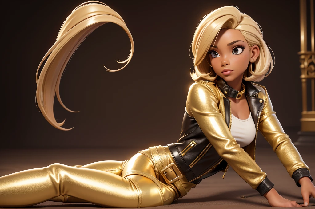 obra prima, melhor qualidade, ((only one woman,)) ((elizabeth pipko, dark tan skin, blonde bob hair,)) erect cone tits, ((wearing shiny gold leather biker moto jacket,)) ((jacket has padded shoulders, jacket has stiff high collar,)) (((wearing shiny gold leather pants,))) body is very skinny, ((laying down, resting on one hip,)) ((camera back of body view,)) shallow depth of field, highres, HD, 8k, anatomically correct
