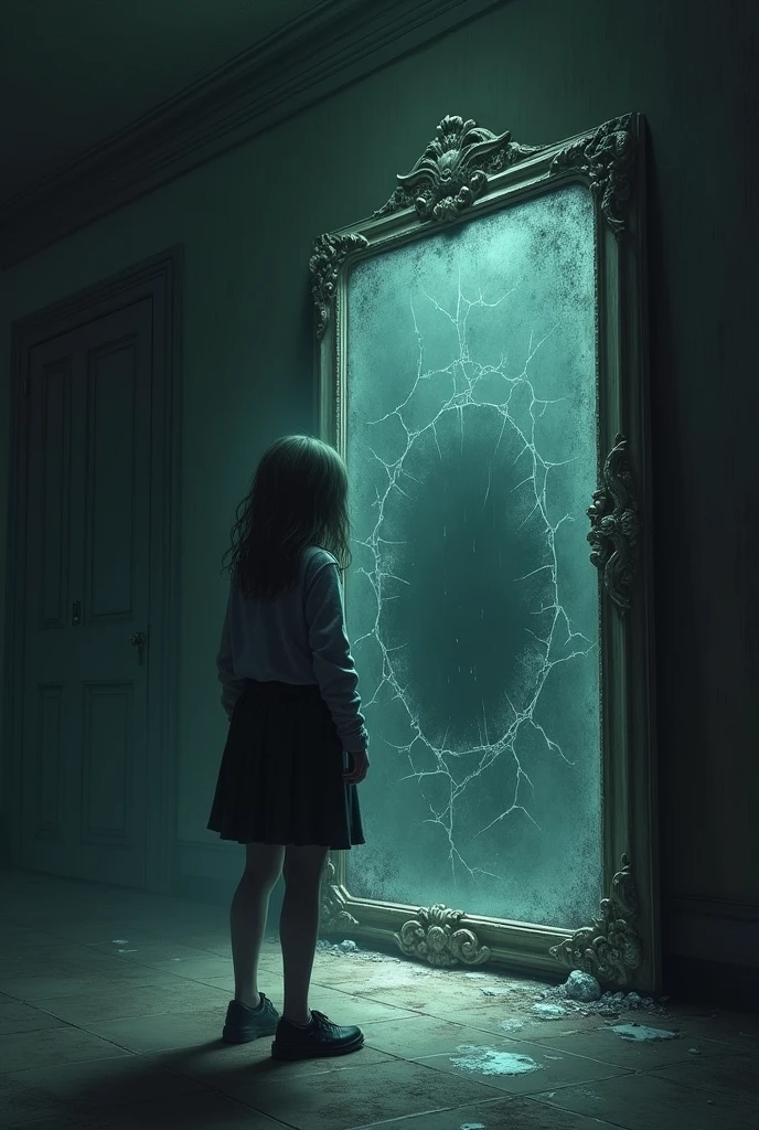 5. Mirror in the Upper Room
- Scene 5: They enter a room on the top floor where the door is slightly ajar. In the room, there was a large mirror that was cracked and dusty. Andi approached the mirror hesitantly, feeling the piercing cold.