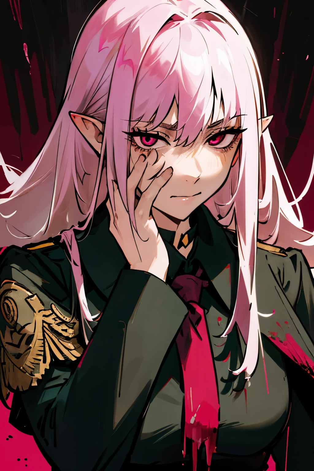 work of art, best qualityer, highy detailed,
1 girl, military dress uniform, black suit palm of the hand, face covered, bleeding, blood in The face, Grieving, trunk, pink eyes, long hair, White hair, elfo, pointy ears