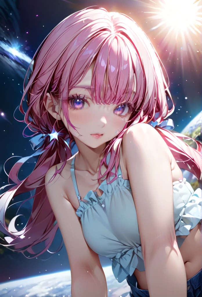 Highest quality　masterpiece　High resolution　masterpieceグレーアイズ　Low Twintails、casual summer outfit　、flowerpunk、universe、Sparkling light particles、Vivid gradient effect