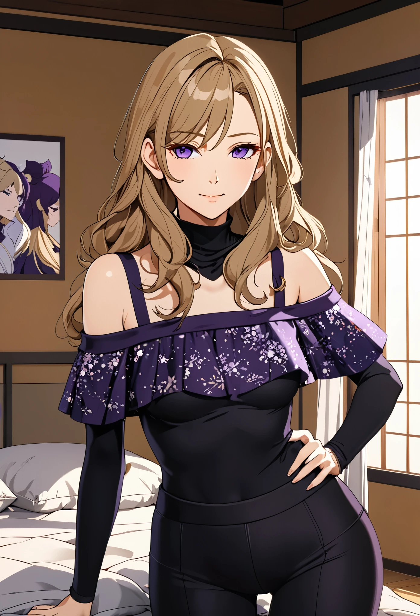 (masterpiece), (high resolution, 8k), (high detailed), woman mature, tall, (wavy long hair (dark blonde)), beautiful face, (close mouth:1.2), tired smile, small breast flat, wearing dark amethyst colored crystal themed cold shoulder Japanese top, black leggings pants with skirts layers, standing on bedroom, anime style, unaestheticXL_bp5, SimplePositiveXLv2