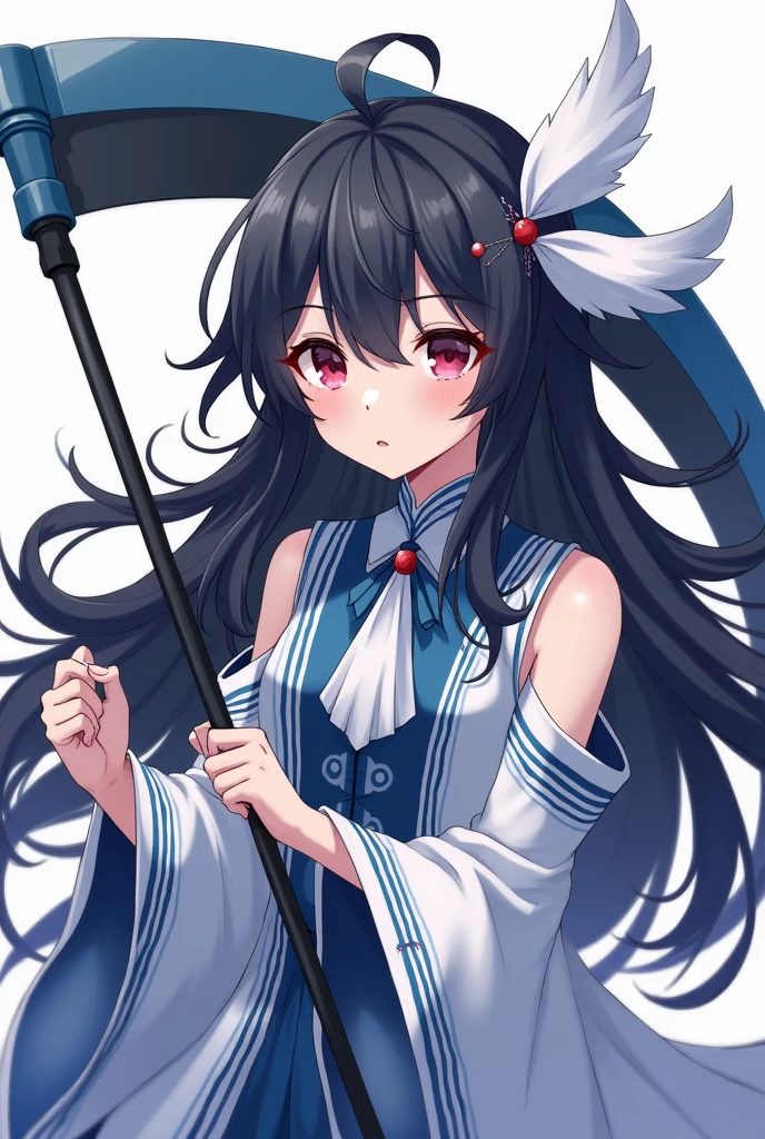 anime boy, long hair, Dark red eyes, black hair, wears large whithe blue ribbon in hair, holding a scythe, Wears a white blue and white dress remotely similar to a shrine maiden's outfit with detached sleeves leaving her shoulders uncovered, and a White blue neckerchief