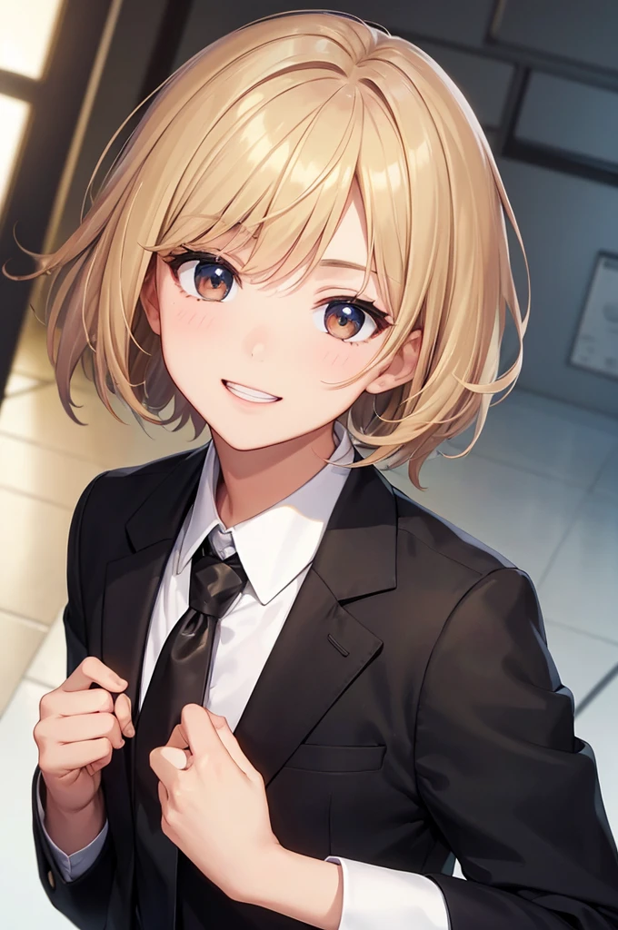 (((masterpiece; best quality: 1.2))), (finely detailed eyes: 1.3), ((1 male teen)), ((solo)), (brown eyes: 1.4), (body shape; lean, masculine, manly: 1.3), (very short blond hair: 1.3), (clear background: 1.2), ((depth of field)), (equipment: school uniform + black jacket + black necktie + white shirt: 1.3), (anime illustration: 1.2), (background composition; japanese highschool classroom + furniture: 1.1), (extremely handsome: 1.1), (shot composition; standing + centered on face + medium-shot close-up: 1.5), (facial expression; calm + smile: 1.2)