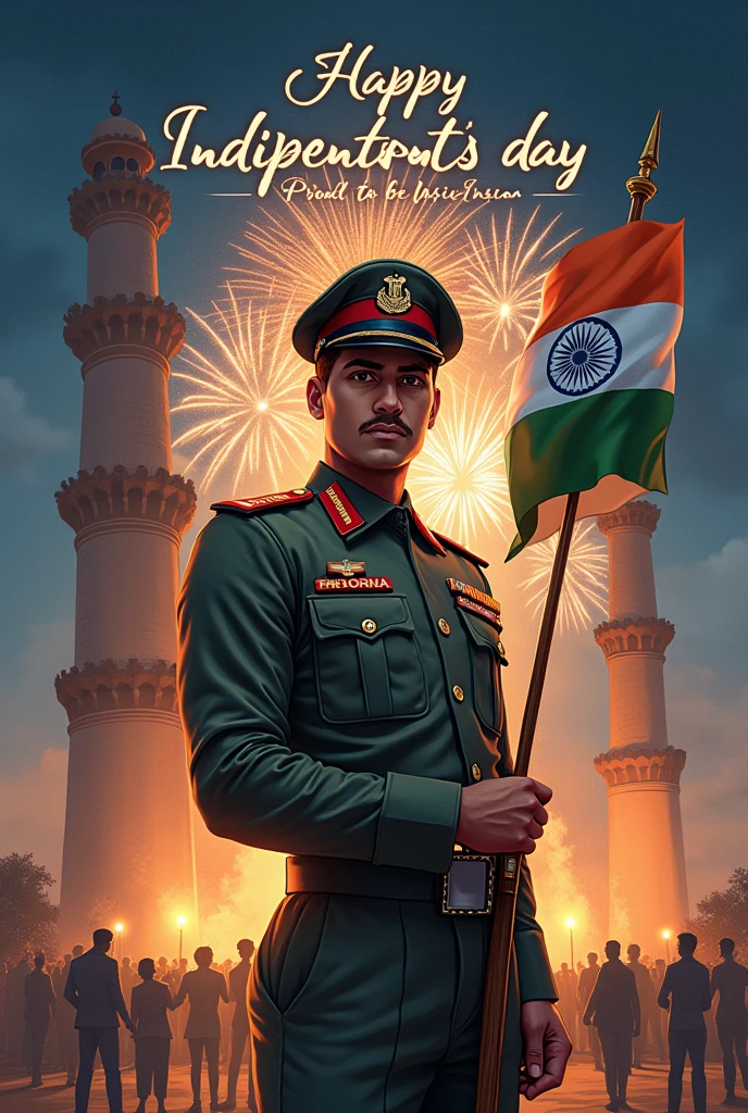 “Illustration of a 20-year-old Indian men dressed in a Indian army , proudly holding the Indian flag. He standing in front of a historic monument with fireworks in the sky. Her blouse has ‘POORNA‘ embroidered in red, and the text ‘Happy Indipendents day next line Proud to be Indian’ shines above.”
