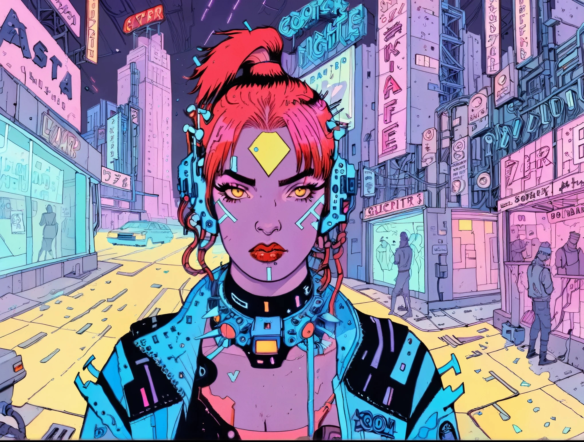 (a girl with a beautiful face), night time, cyber punk city, tenebrosa, raining, neon lights , (Josan González ,Neon Night), cyber punk, synthetic wave, 1980s, Futurism, brutalism, Neuromancer, cinematic photo at a rave, detailed hair, really short hair, Red hair,analog, the contrast in colors and textures should be distinct highy detailed, surreal, vibrant yet slightly desaturated, faded film, desaturated, 35mm photo, grainy, vignette, vintage, Kodacromo, Lomography, dappled, highy detailed, found footage,art by Adrian Tomine