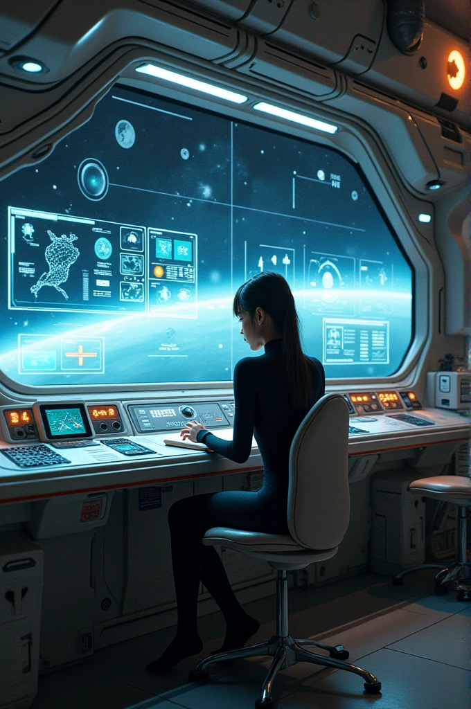 A Chinese girl wearing black bodysuit and thigh sock study on a spaceship 