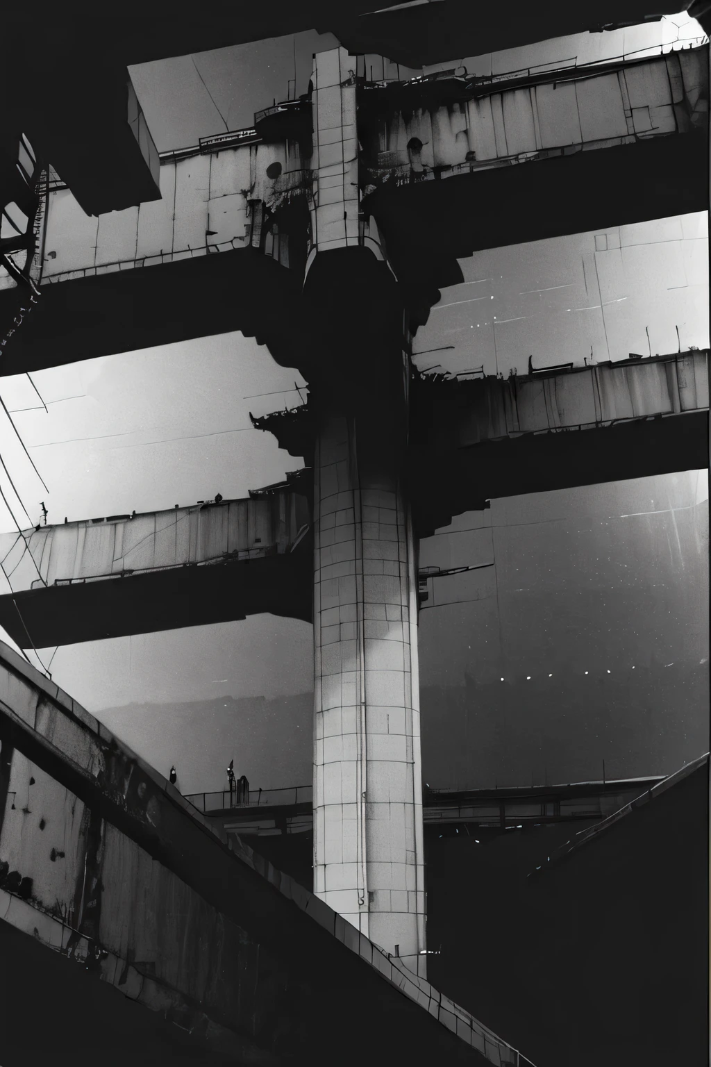 Side view of an imposing giant bridge of brutalist stone going across an imense of darkness, (heavy rain), black and white, dark background