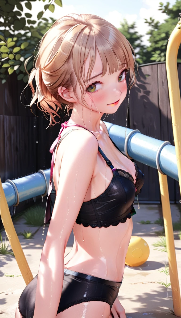 nsfw, (Ultra highest resolution), (Ultra highest quality), (Very detailed), (Very clear), (Realistic and natural light and shadow), (Very exquisite textures and colors), (Natural composition with no sense of discomfort), (Accurate and natural human anatomy), rain, uichan, One pretty girl, small build, Smooth and fine skin, soakingwetclothes, Wet and transparent clothes, Cute bra and panties, Small abandoned park, Park Playground Equipment