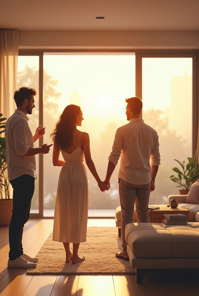 "Create an image of a couple walking through a modern home with a real estate agent. The couple is holding hands, looking excited as they explore the living room, which is bright and spacious with large windows. The real estate agent is pointing out features, and the atmosphere is warm and welcoming, capturing the hopeful anticipation of finding their dream home."