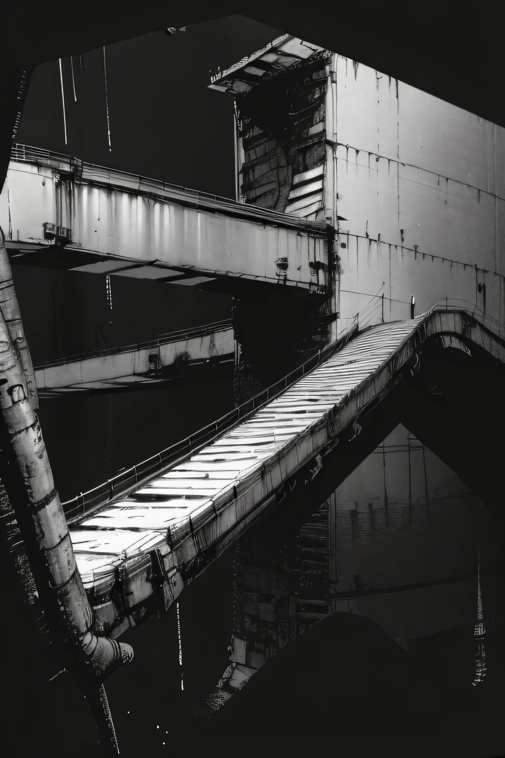 Side view of an imposing giant bridge of brutalist stone going across an imense of darkness, (heavy rain), black and white, dark background