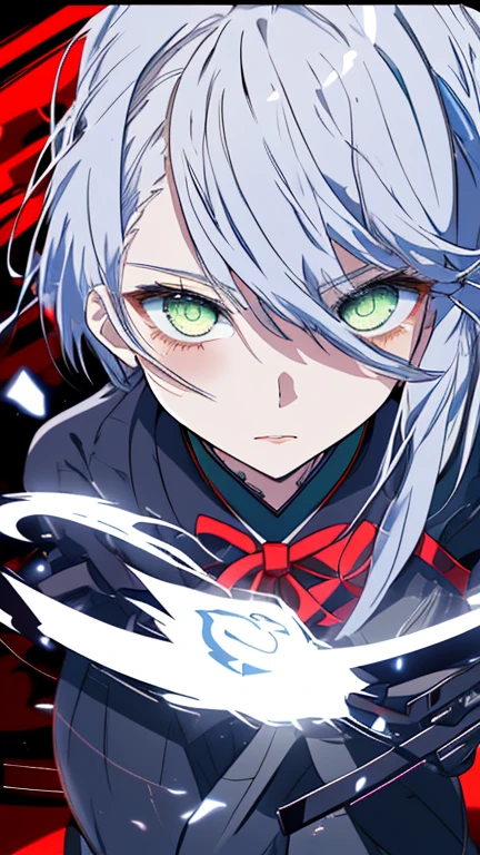 High resolution、sharp lines、Girl、Beautiful face、Well-formed face、slender、Futuristic black sword、Heavy equipment、Black combat uniform、Bondage、fine hair、Hiding one eye with hair、Sharp Eye、Jewel-like eyes、Dark Background、Mystical Light、Fantasyな色彩、Near future、Facing forward、Small face、Small breasts、Attractive lips、They are equipped with weapons.、Armament、A serious face、Black boots、Character portrait、Sharp lines、Clear line art、cool、Cool pose、Near-future equipment、Character portrait、画像に収まるGirlの大きさ、Black clothes、A more human-like outfit、Girlらしい身体、9 heads、Clothes that combine futuristic and Japanese styles、Mr.々Hair color、Mr.々Hairstyle、Shape your face、Fantasy、Head to Knee、Blue and green light、Could you draw the face more clearly?、もっとGirlにミステリー観を出して、Bose in motion、Expressionless、Vivid colors、