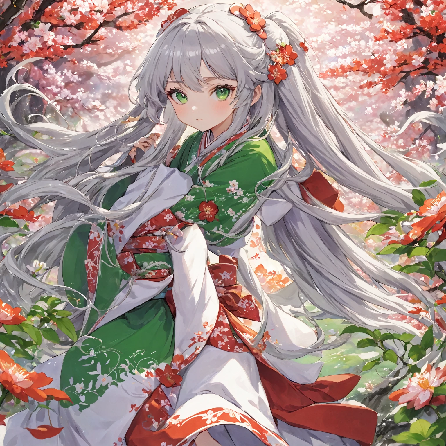 High definition、A pure and beautiful young girl in a shrine maiden's outfit、15age~18age、Long silver hair, half green、Full body portrait、Long-hemmed outfit、Large opal eyes、Powerful eyes、Flowers sprout from beneath your feet