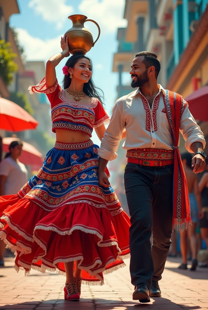 A Paraguayan woman in a red, white, and blue dance costume, dancing and carrying a jug on her head with a man in black pants and a white shirt with red, white, and blue woven details and a red, white, and blue sash.
